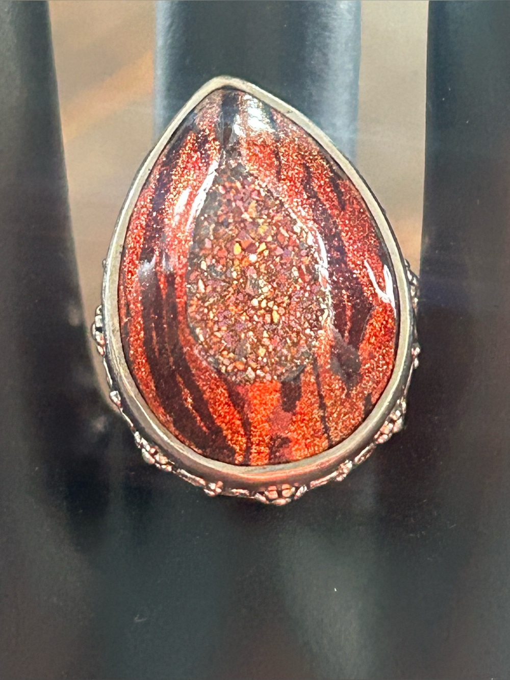 Vintage Sajen Sterling Tiger Stripe Resin Druzy Ring      Sz 7